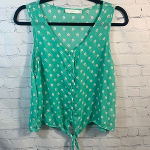🦋 Lush Mint Green Sheer Tie Front Button Up Tank Excellent Condition Size Large